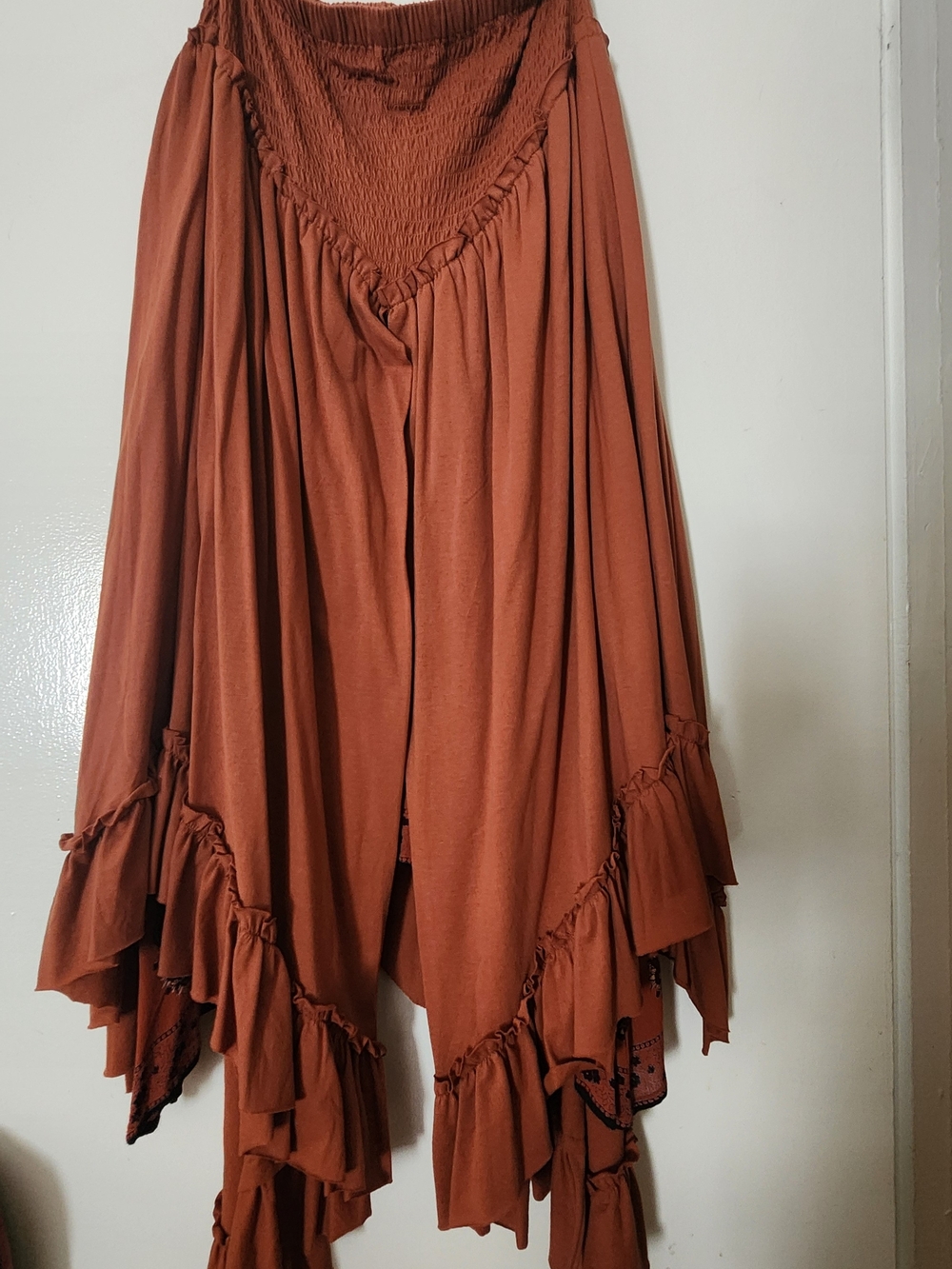 Smocked Waist Asymmetrical Skirt in Rust with Bandana Panels - Picture 3 of 4